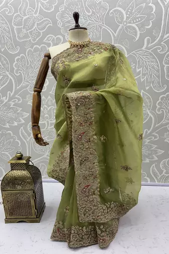 Light Parrot Green Color Patch Embroidered,Dori,Multi Thread And Zari With Sequins And Zircon Diamond Work Silk Saree