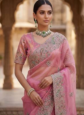 Light Pink Color Patch Embroidered,Dori,Multi Thread And Zari With Sequins And Zircon Diamond Work Silk Saree 2