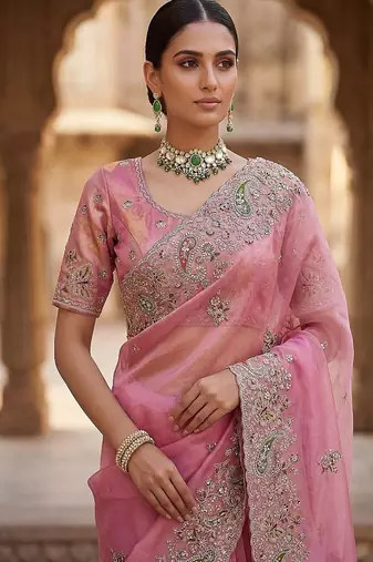 Light Pink Color Patch Embroidered,Dori,Multi Thread And Zari With Sequins And Zircon Diamond Work Silk Saree