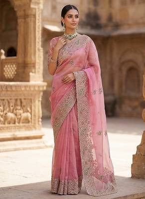 Light Pink Color Patch Embroidered,Dori,Multi Thread And Zari With Sequins And Zircon Diamond Work Silk Saree 3
