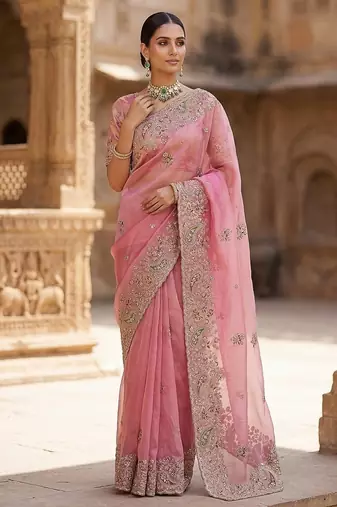 Light Pink Color Patch Embroidered,Dori,Multi Thread And Zari With Sequins And Zircon Diamond Work Silk Saree