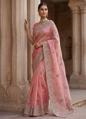 Light Pink Color Patch Embroidered,Dori,Multi Thread And Zari With Sequins And Zircon Diamond Work Silk Saree 1