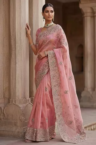 Light Pink Color Patch Embroidered,Dori,Multi Thread And Zari With Sequins And Zircon Diamond Work Silk Saree