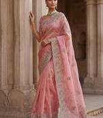 Light Pink Color Patch Embroidered,Dori,Multi Thread And Zari With Sequins And Zircon Diamond Work Silk Saree