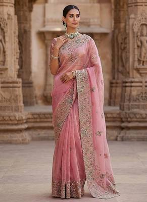 Light Pink Color Patch Embroidered,Dori,Multi Thread And Zari With Sequins And Zircon Diamond Work Silk Saree 4