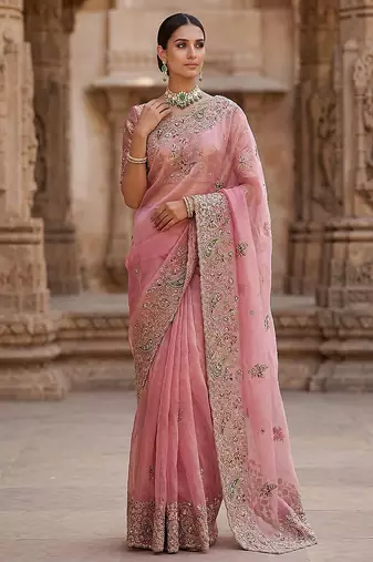 Light Pink Color Patch Embroidered,Dori,Multi Thread And Zari With Sequins And Zircon Diamond Work Silk Saree