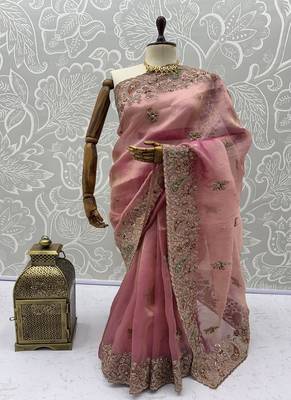 Light Pink Color Patch Embroidered,Dori,Multi Thread And Zari With Sequins And Zircon Diamond Work Silk Saree 5