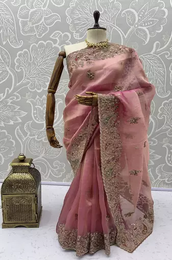 Light Pink Color Patch Embroidered,Dori,Multi Thread And Zari With Sequins And Zircon Diamond Work Silk Saree