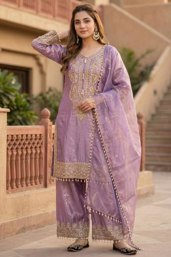 Lavender embroidered kurta palazzo set