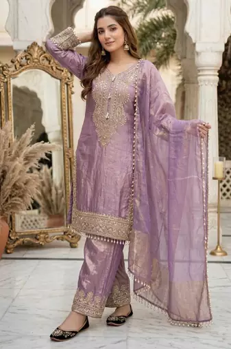 Lavender embroidered kurta palazzo set