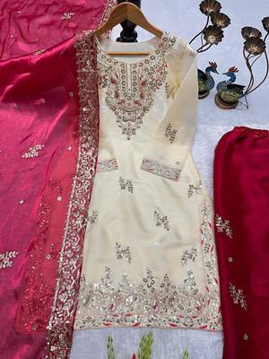 Cream kameez with rani pink palazzo embroidered suit 2