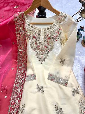 Cream kameez with rani pink palazzo embroidered suit 3