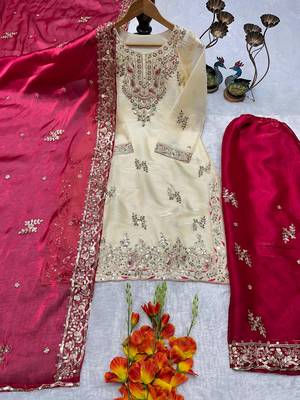 Cream kameez with rani pink palazzo embroidered suit 4
