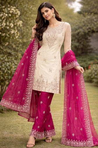 Cream kameez with rani pink palazzo embroidered suit