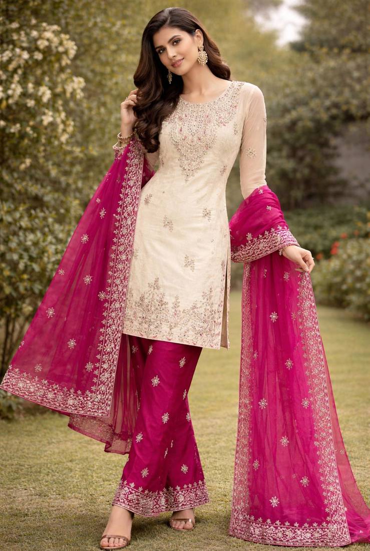 Cream kameez with rani pink palazzo embroidered suit