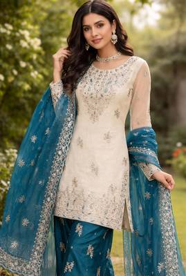 Cream and teal embroidered suit 2