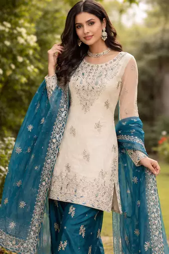Cream and teal embroidered suit