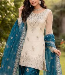 Cream and teal embroidered suit