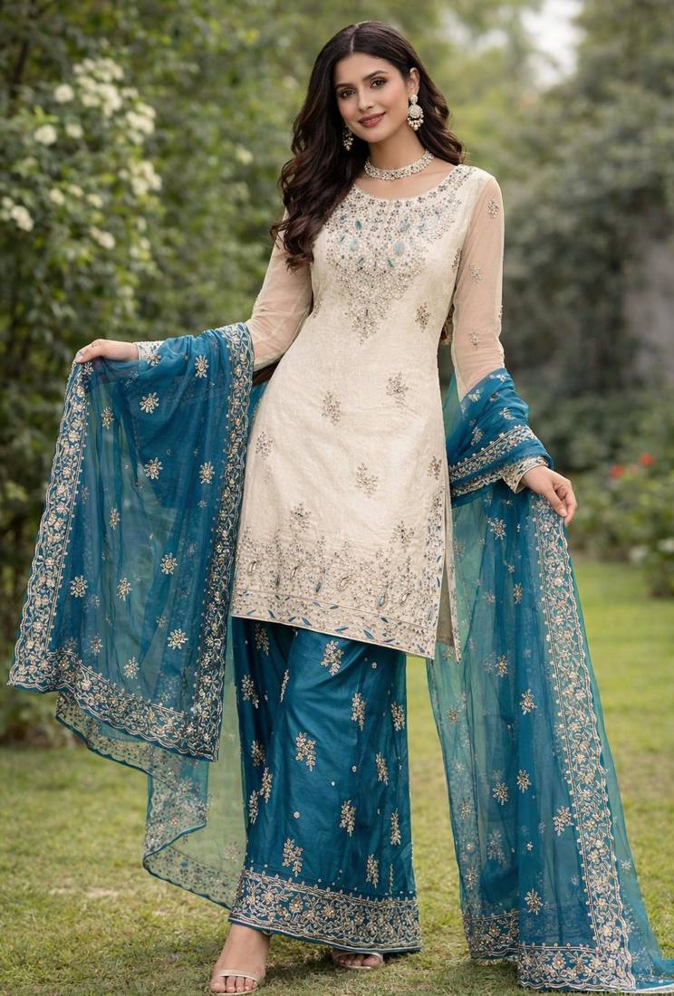 Cream and teal embroidered suit