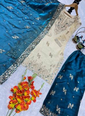 Cream and teal embroidered suit 3