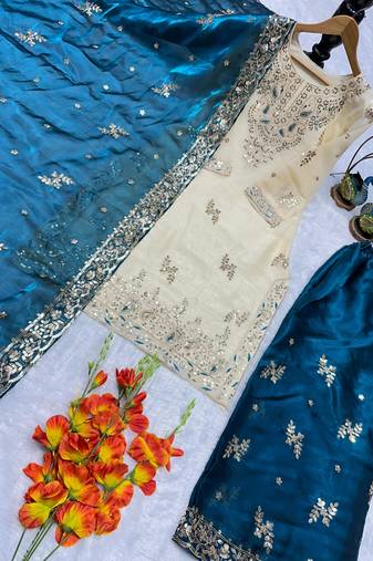 Cream and teal embroidered suit