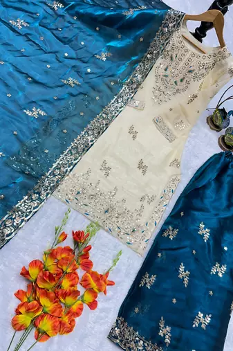 Cream and teal embroidered suit
