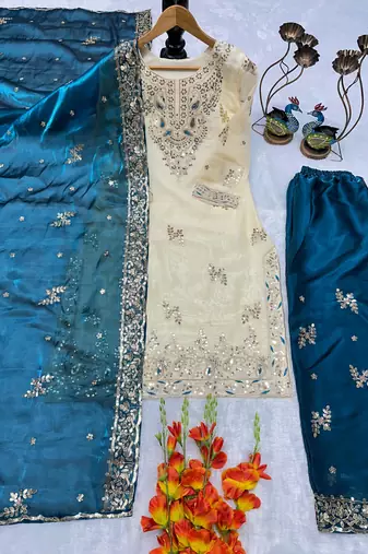 Cream and teal embroidered suit