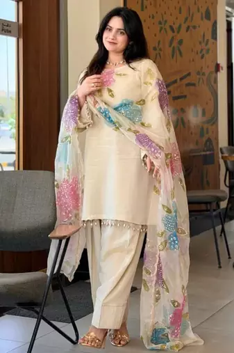 Cream floral printed farshi salwar kameez