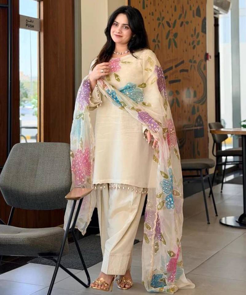 Cream floral printed farshi salwar kameez