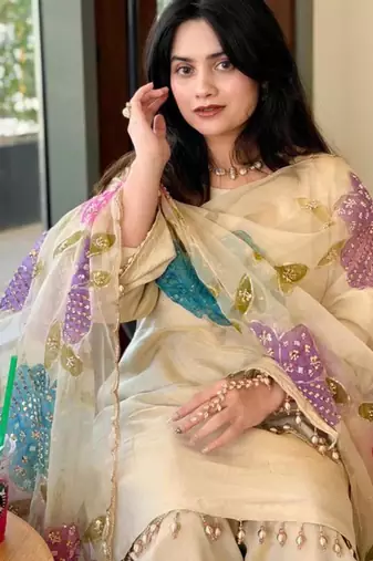 Cream floral printed farshi salwar kameez