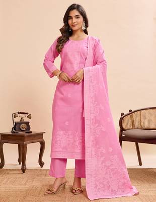 Elegant pink pure cotton jacquard kurta set with dupatta 1