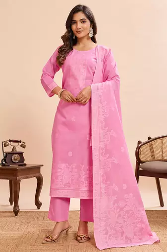 Elegant pink pure cotton jacquard kurta set with dupatta