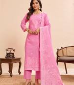 Elegant pink pure cotton jacquard kurta set with dupatta