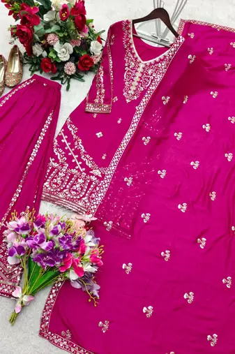 Dark pink embroidered sharara set