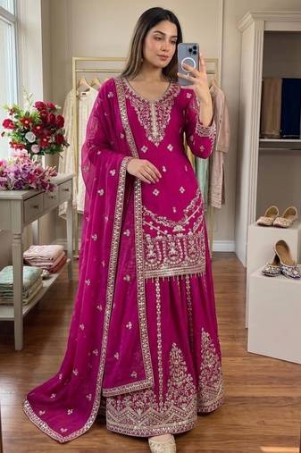 Dark pink embroidered sharara set