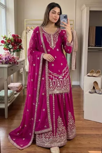 Dark pink embroidered sharara set