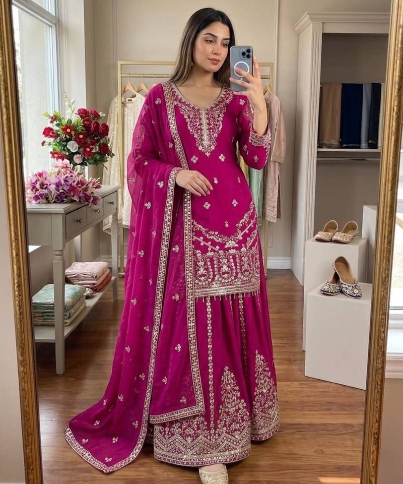 Dark pink embroidered sharara set