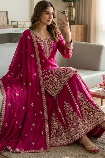 Dark pink embroidered sharara set