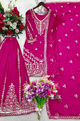Dark pink embroidered sharara set