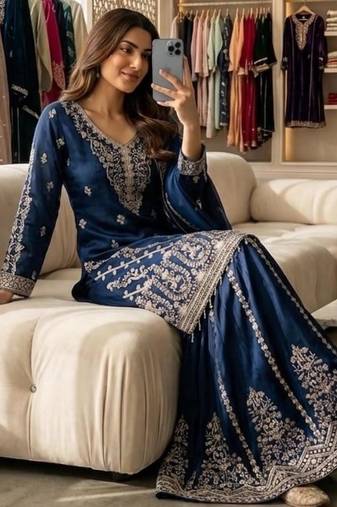 Royal blue embroidered sharara suit