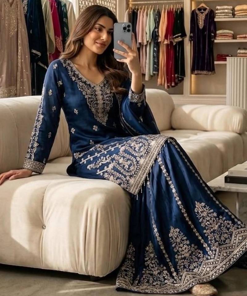 Royal blue embroidered sharara suit