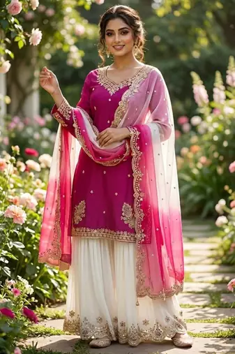 Dark magenta with white sharara set