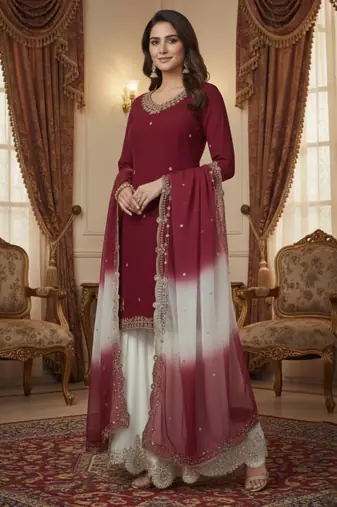 Maroon kurta with white sharara set