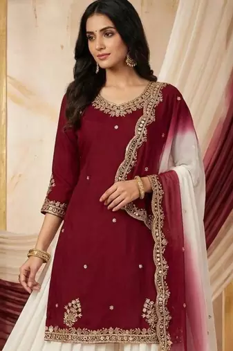 Maroon kurta with white sharara set