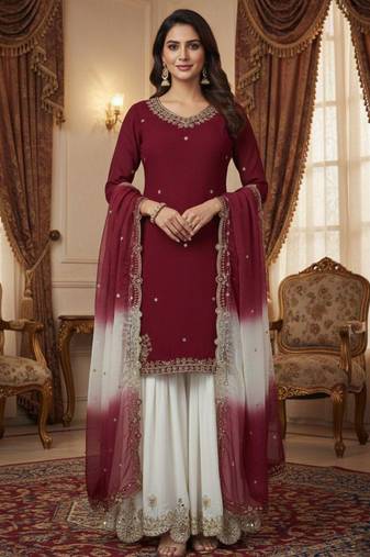 Maroon kurta with white sharara set