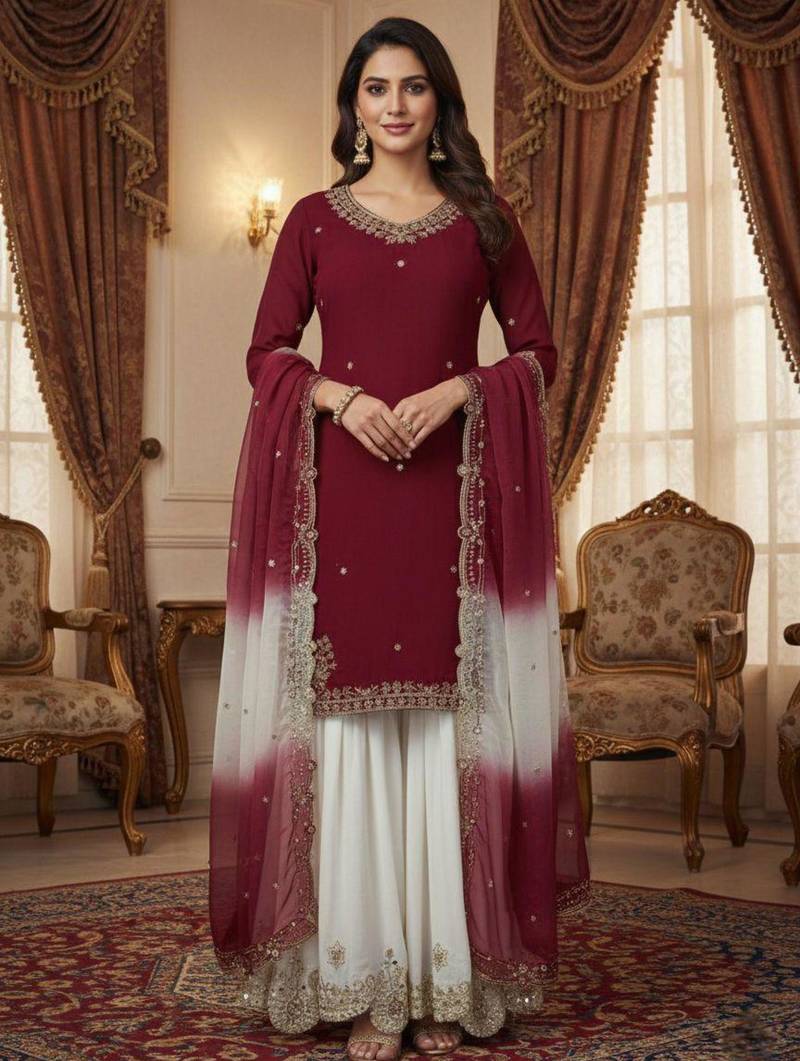 Maroon kurta with white sharara set