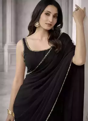 Georgette Saree with Designer Blouse & Golden Lace Border     Party Wear & Wedding Collection 2