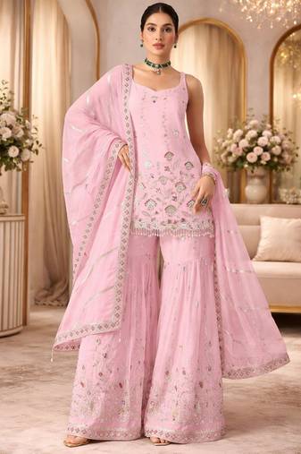 baby pink georgette embroidered sharara set