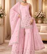 baby pink georgette embroidered sharara set