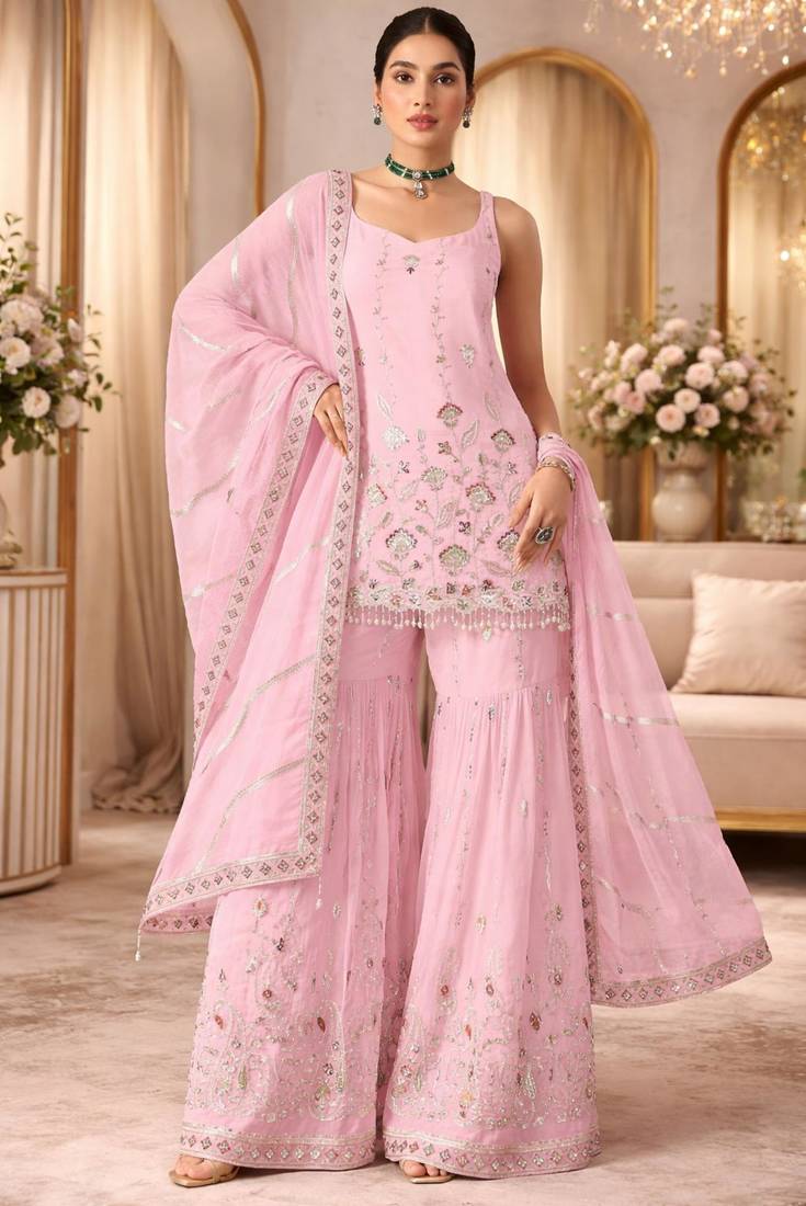 baby pink georgette embroidered sharara set
